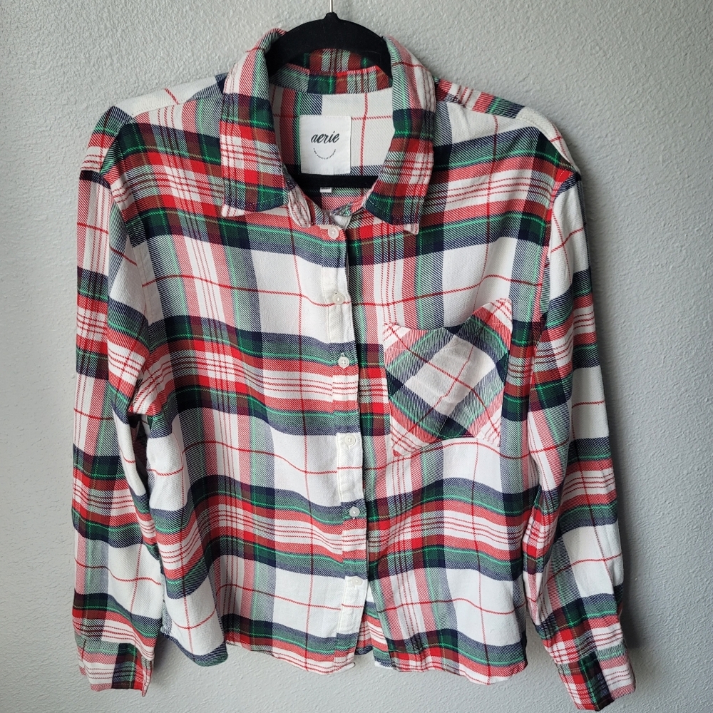 Aerie Plaid Flannel Pajama Sleep Shirt Size Small In Red And White Plaid NWT